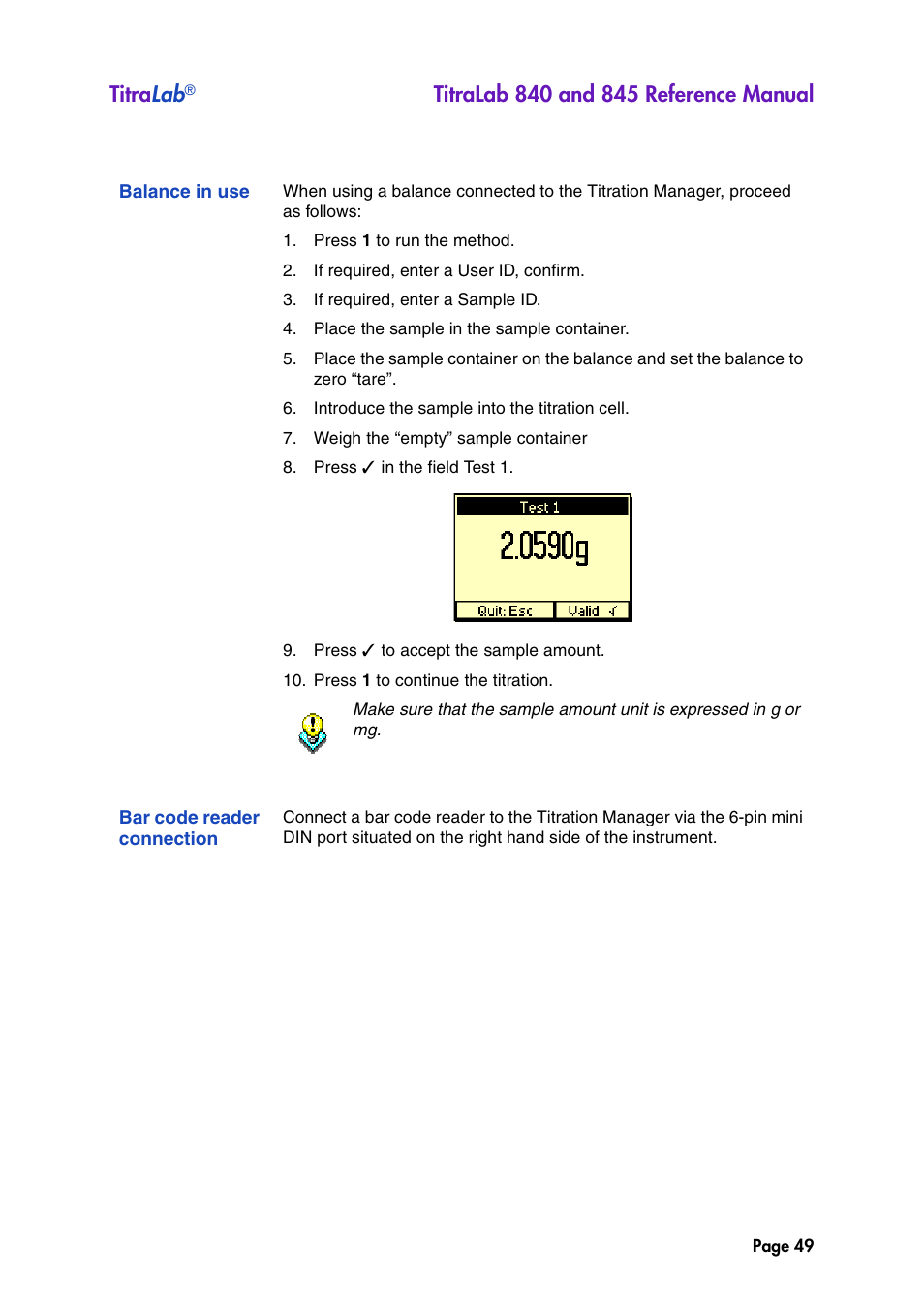 Balance in use, Bar code reader connection, Titra lab | Hach-Lange TITRALAB 840_845 Reference Manual User Manual | Page 49 / 214