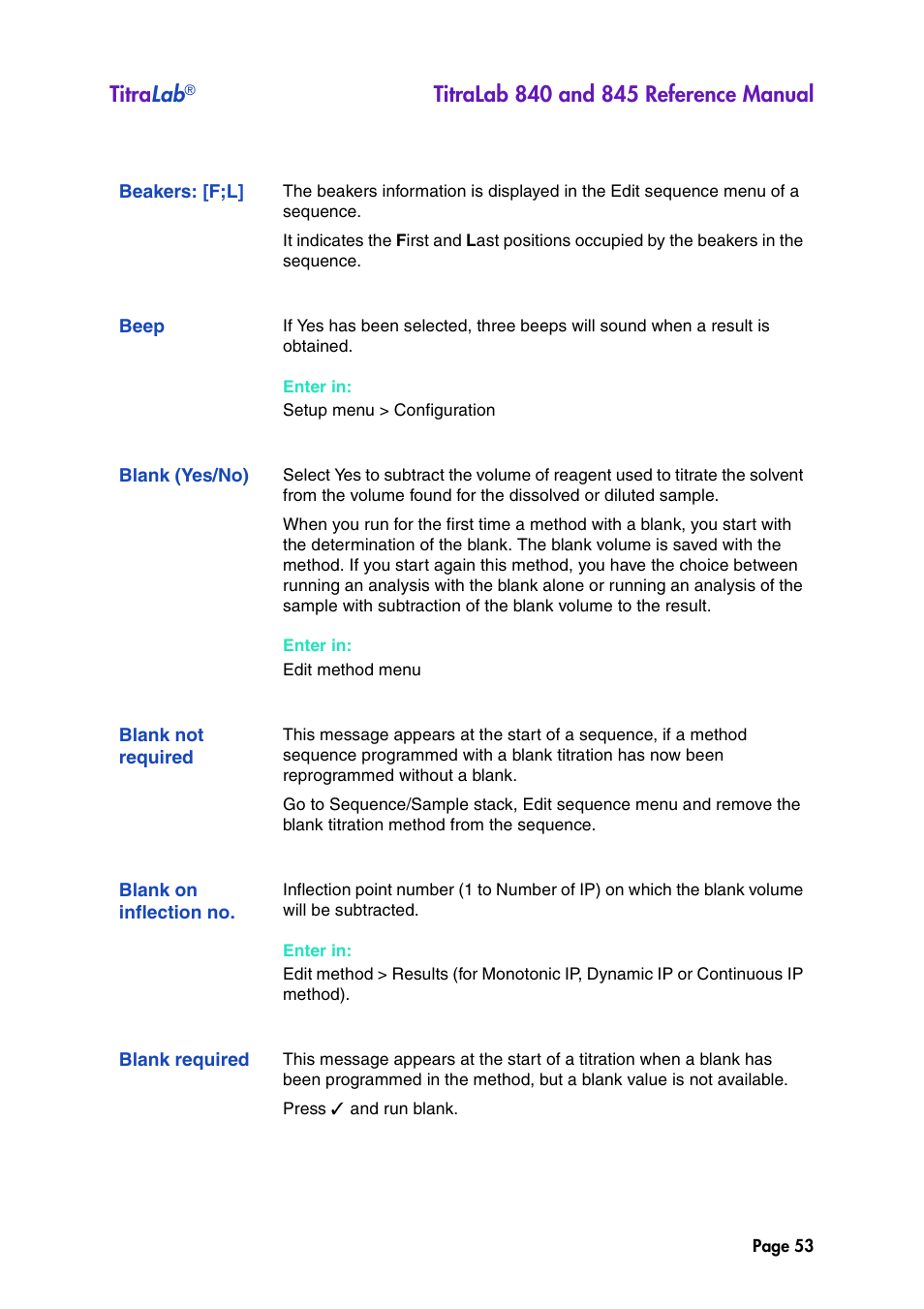 Beakers: [f;l, Beep, Blank (yes/no) | Blank not required, Blank on inflection no, Blank required, Titra lab | Hach-Lange TITRALAB 840_845 Reference Manual User Manual | Page 53 / 214