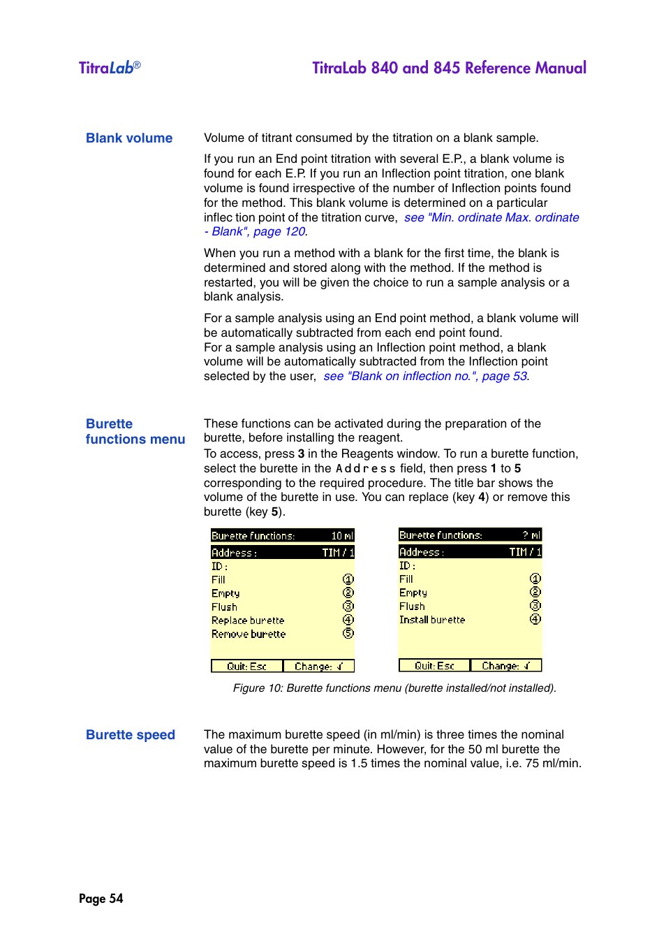 Blank volume, Burette functions menu, Burette speed | Titra lab | Hach-Lange TITRALAB 840_845 Reference Manual User Manual | Page 54 / 214