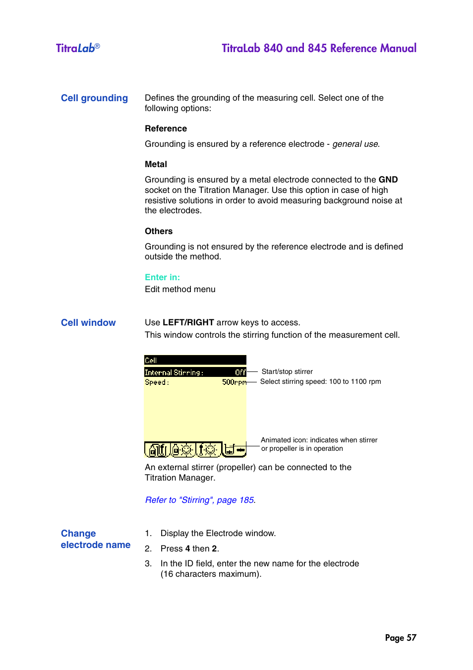 Cell grounding, Cell window, Change electrode name | Titra lab | Hach-Lange TITRALAB 840_845 Reference Manual User Manual | Page 57 / 214