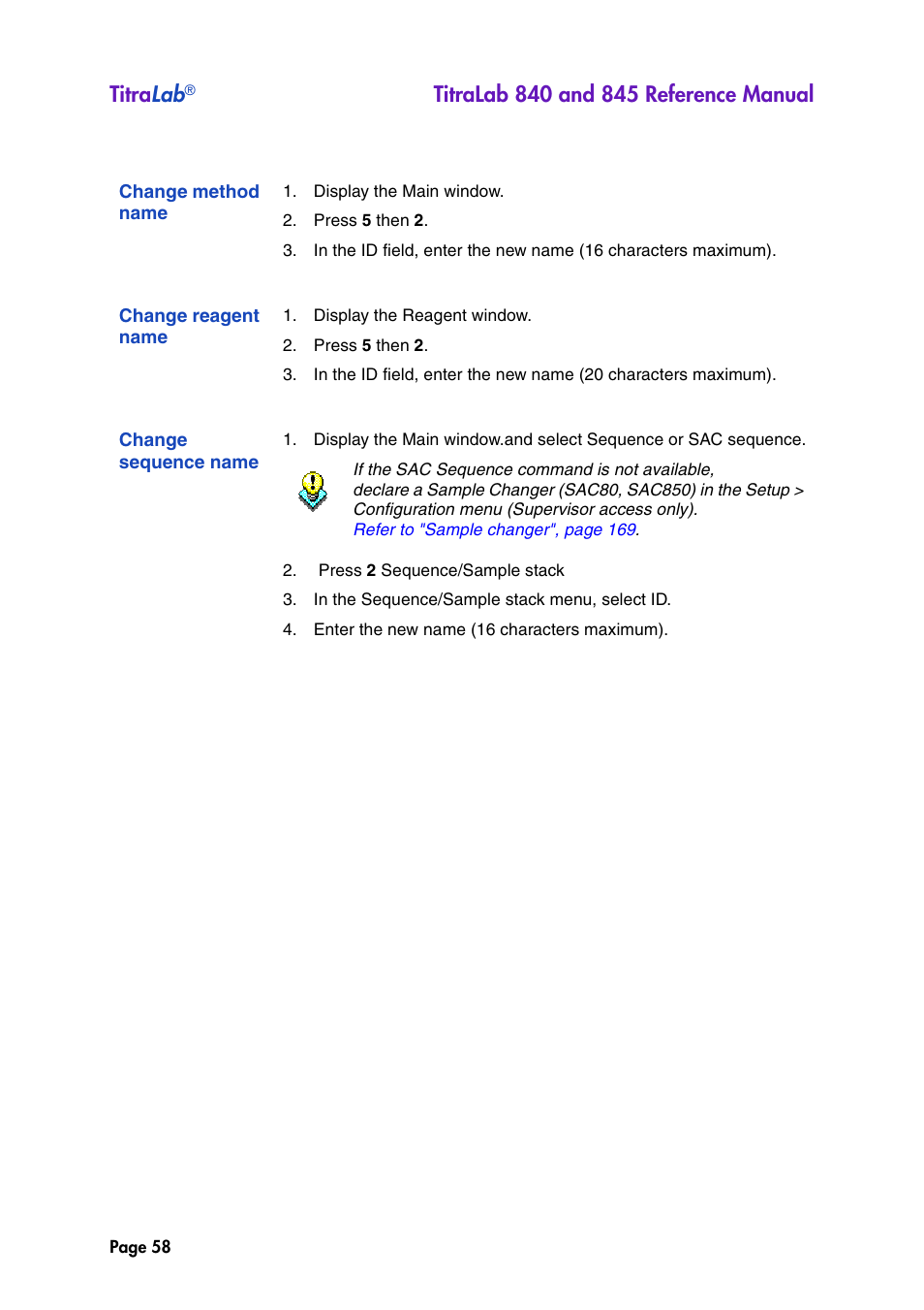 Change method name, Change reagent name, Change sequence name | Titra lab | Hach-Lange TITRALAB 840_845 Reference Manual User Manual | Page 58 / 214