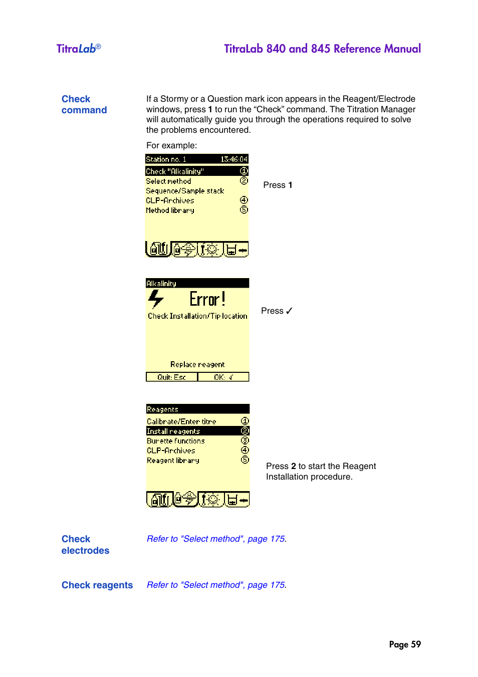 Check command, Check electrodes, Check reagents | Titra lab | Hach-Lange TITRALAB 840_845 Reference Manual User Manual | Page 59 / 214