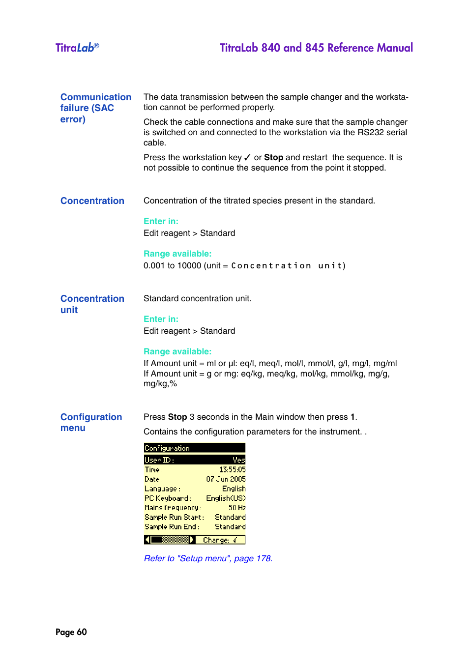 Communication failure (sac error), Concentration, Concentration unit | Configuration menu, Titra lab | Hach-Lange TITRALAB 840_845 Reference Manual User Manual | Page 60 / 214