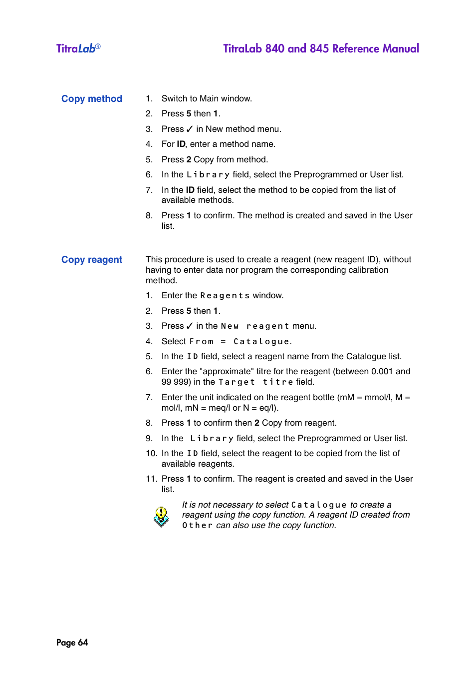 Copy method, Copy reagent, Titra lab | Hach-Lange TITRALAB 840_845 Reference Manual User Manual | Page 64 / 214