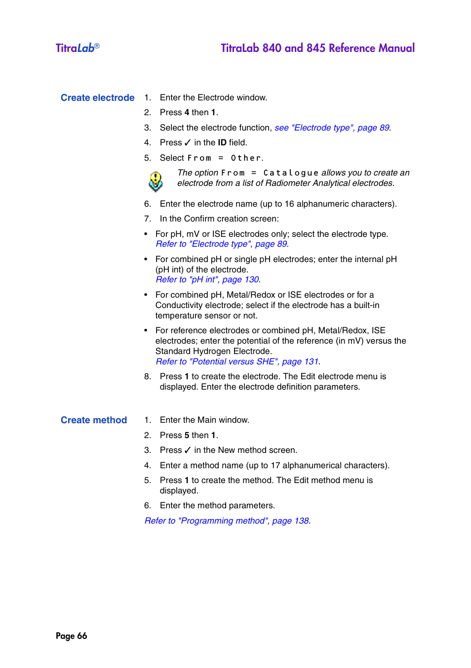 Create electrode, Create method, Titra lab | Hach-Lange TITRALAB 840_845 Reference Manual User Manual | Page 66 / 214