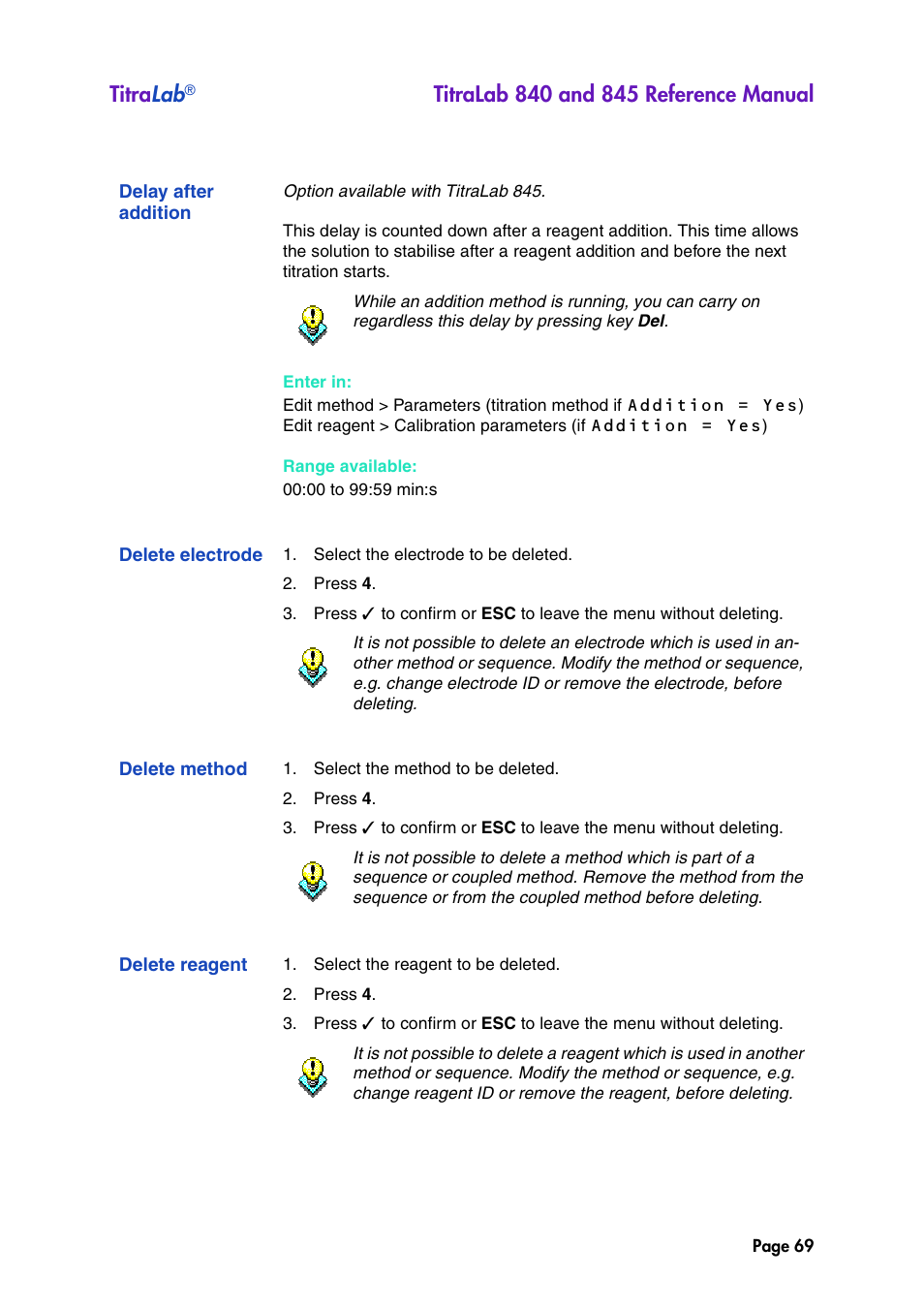 Delay after addition, Delete electrode, Delete method | Delete reagent, Titra lab | Hach-Lange TITRALAB 840_845 Reference Manual User Manual | Page 69 / 214