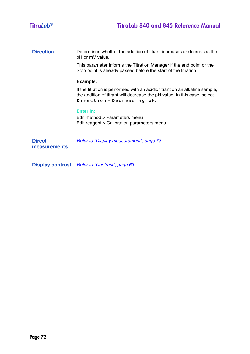 Direction, Direct measurements, Display contrast | Titra lab | Hach-Lange TITRALAB 840_845 Reference Manual User Manual | Page 72 / 214