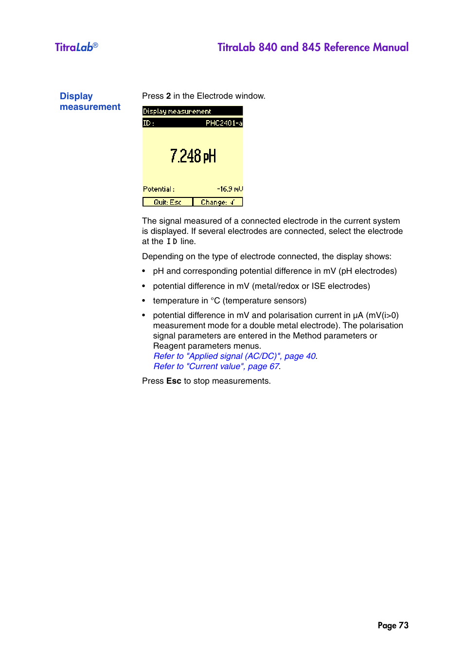 Display measurement, Titra lab | Hach-Lange TITRALAB 840_845 Reference Manual User Manual | Page 73 / 214
