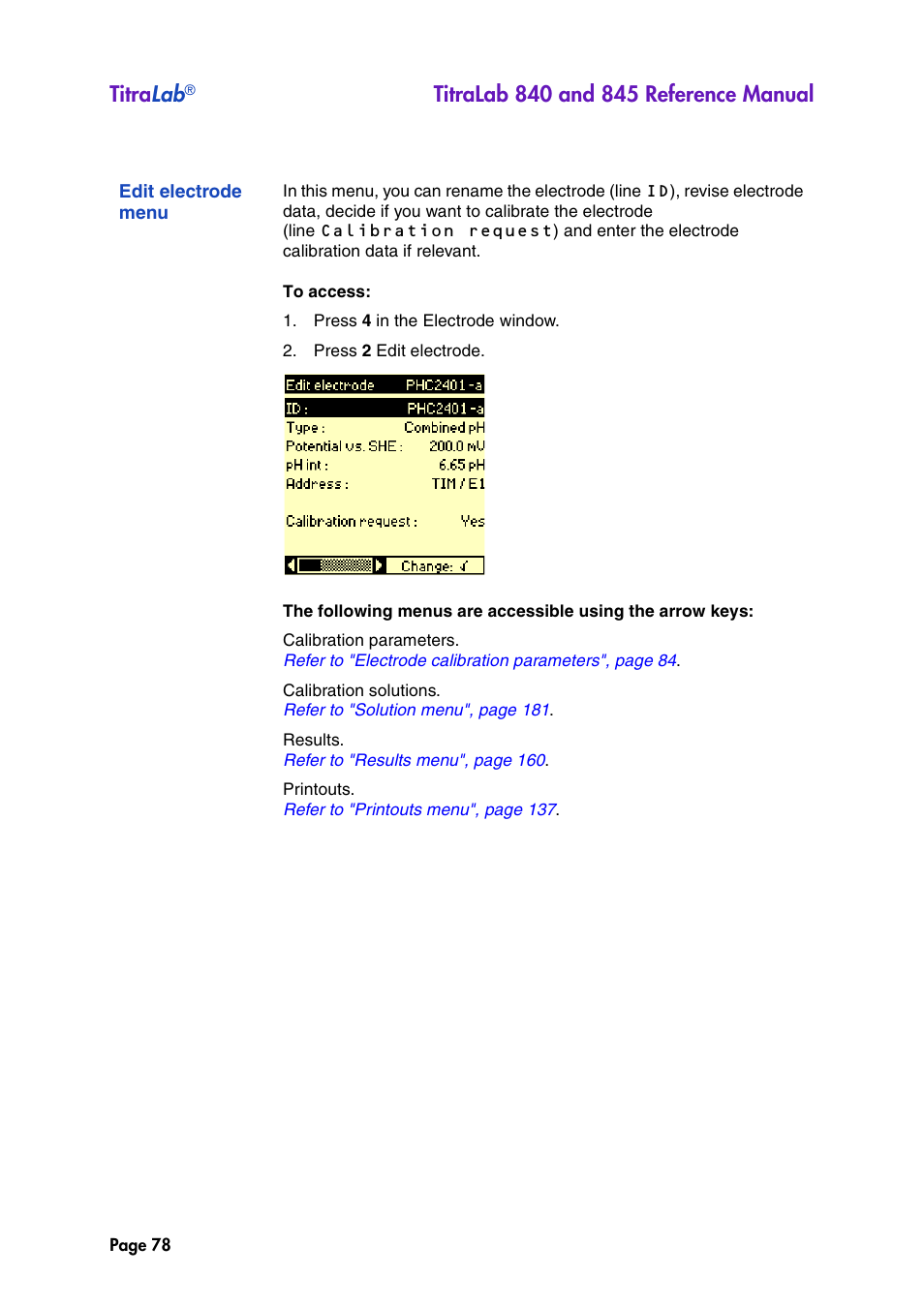 Edit electrode menu, Titra lab | Hach-Lange TITRALAB 840_845 Reference Manual User Manual | Page 78 / 214