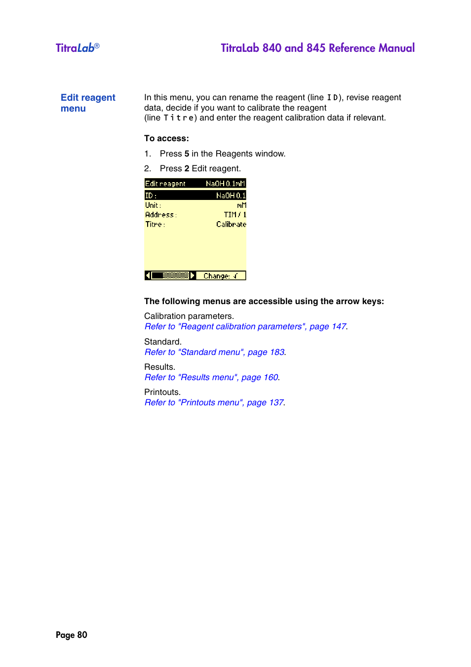 Edit reagent menu, Titra lab | Hach-Lange TITRALAB 840_845 Reference Manual User Manual | Page 80 / 214