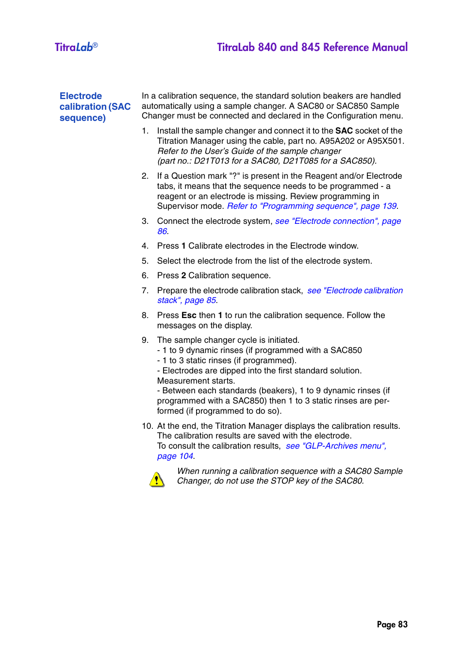 Electrode calibration (sac sequence), See "electrode calibration, Titra lab | Hach-Lange TITRALAB 840_845 Reference Manual User Manual | Page 83 / 214