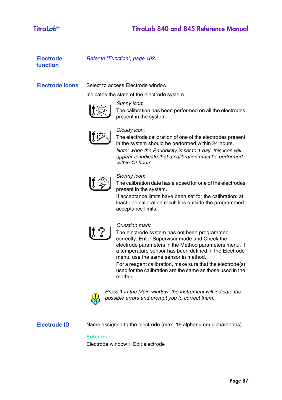 Electrode function, Electrode icons, Electrode id | Titra lab | Hach-Lange TITRALAB 840_845 Reference Manual User Manual | Page 87 / 214