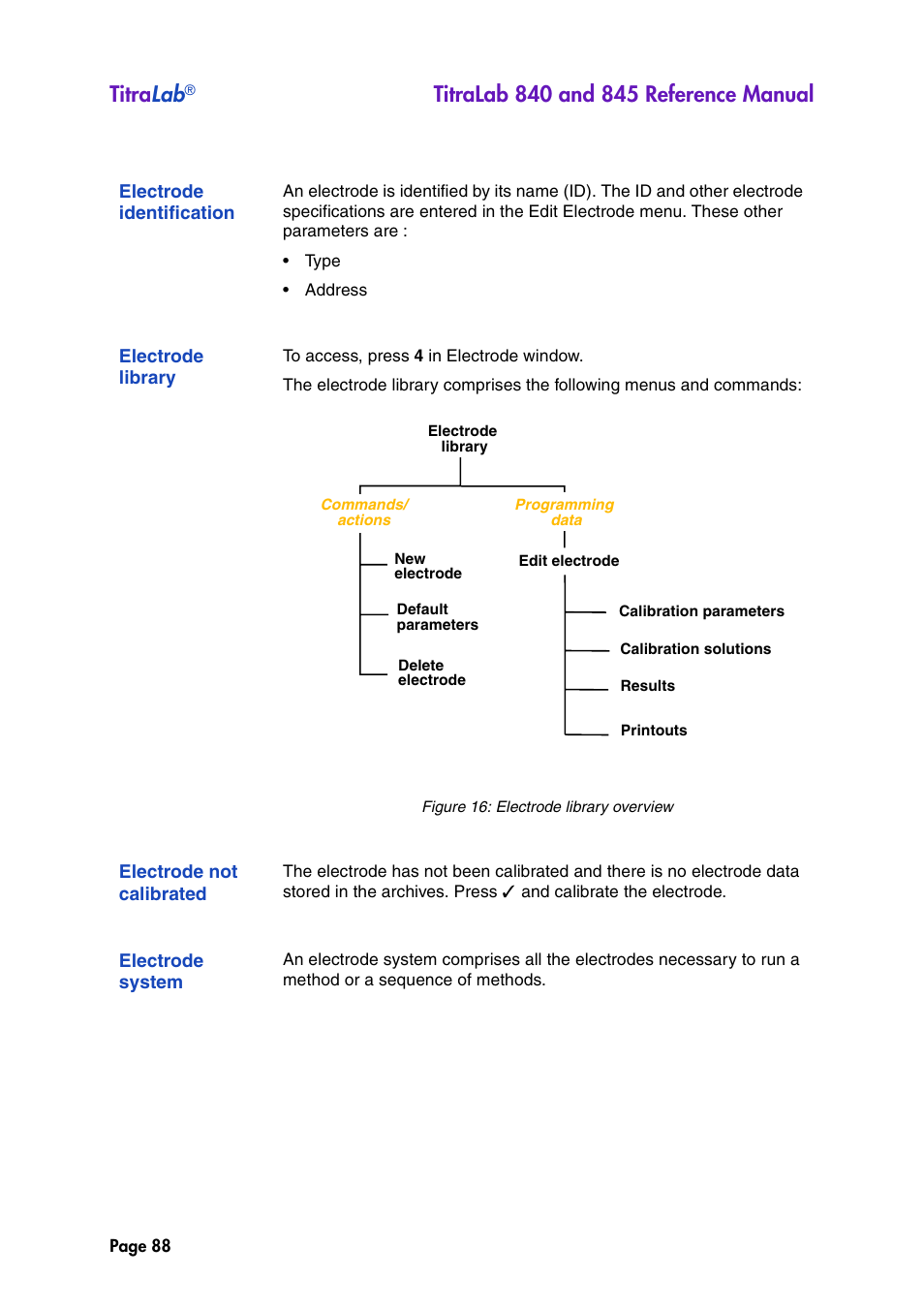 Electrode identification, Electrode library, Electrode not calibrated | Electrode system, Titra lab | Hach-Lange TITRALAB 840_845 Reference Manual User Manual | Page 88 / 214