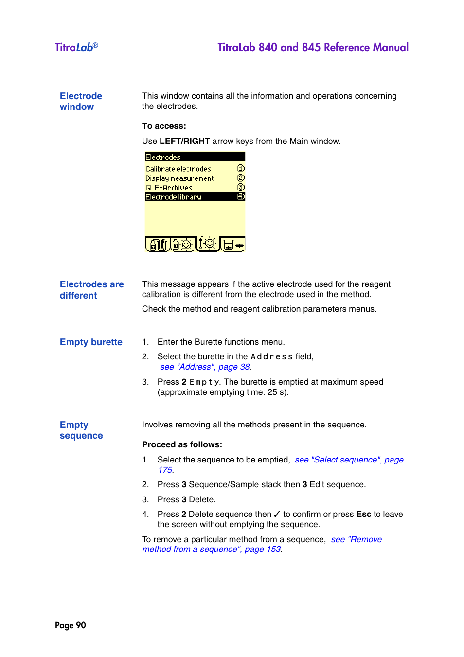 Electrode window, Electrodes are different, Empty burette | Empty sequence, Titra lab | Hach-Lange TITRALAB 840_845 Reference Manual User Manual | Page 90 / 214
