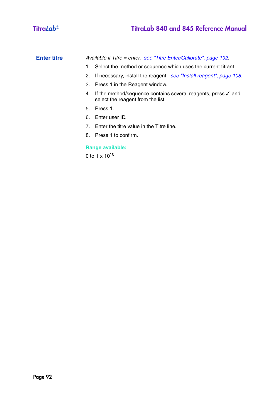 Enter titre, Titra lab | Hach-Lange TITRALAB 840_845 Reference Manual User Manual | Page 92 / 214