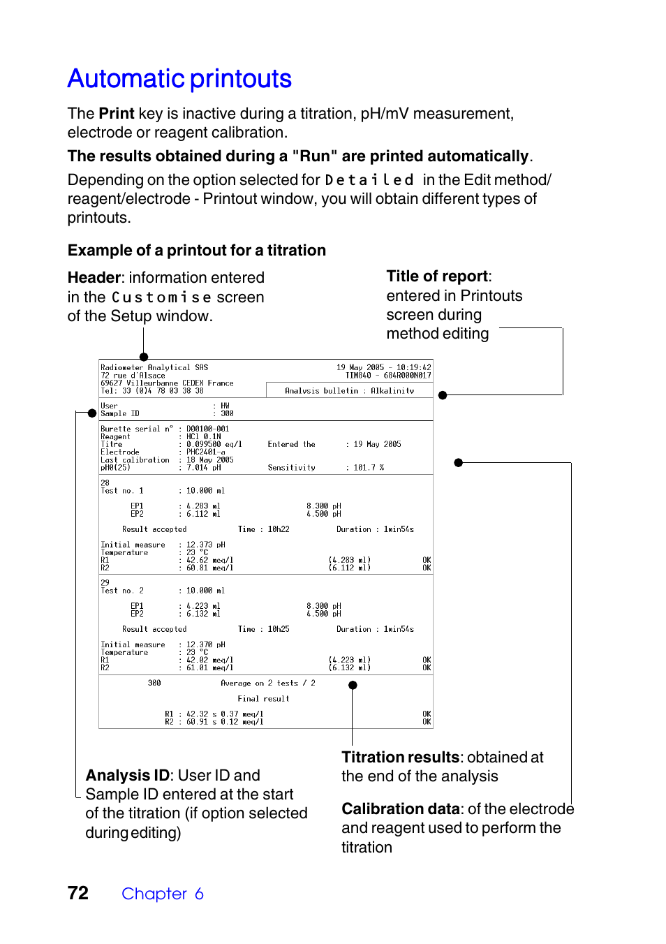 Automatic printouts | Hach-Lange TITRALAB 840_845 User Guide User Manual | Page 72 / 80