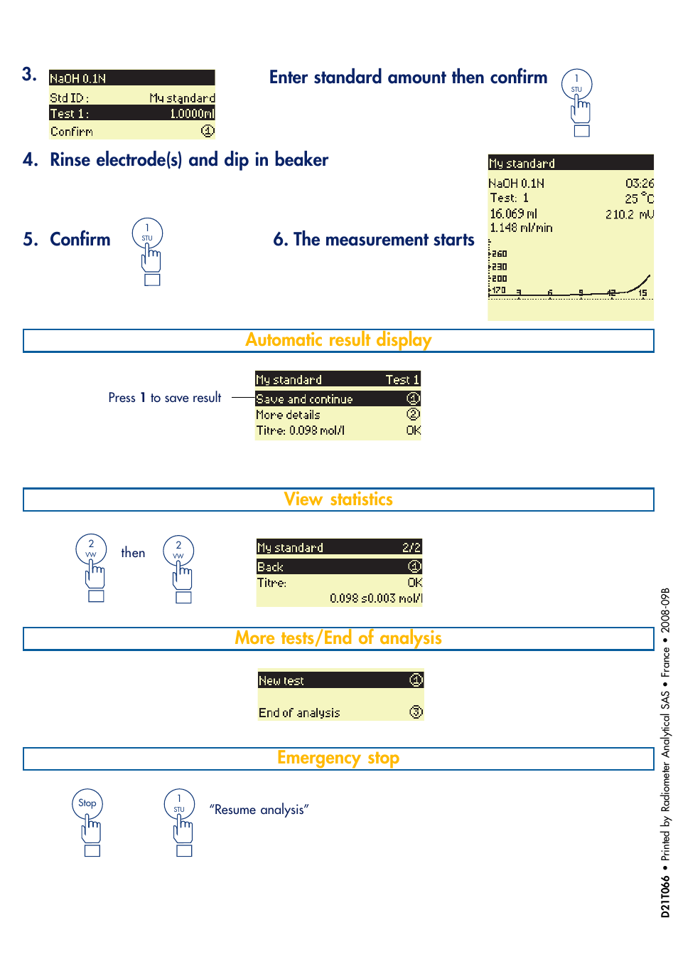 Automatic result display, View statistics, More tests/end of analysis emergency stop | Enter standard amount then confirm | Hach-Lange TITRALAB Short-form Reminders User Manual | Page 12 / 28