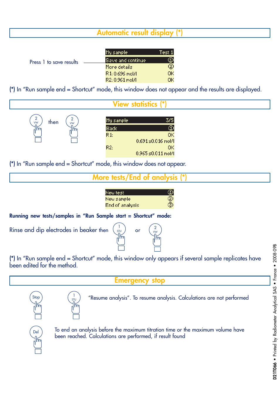 Automatic result display (*), More tests/end of analysis (*) emergency stop, View statistics (*) | Hach-Lange TITRALAB Short-form Reminders User Manual | Page 14 / 28