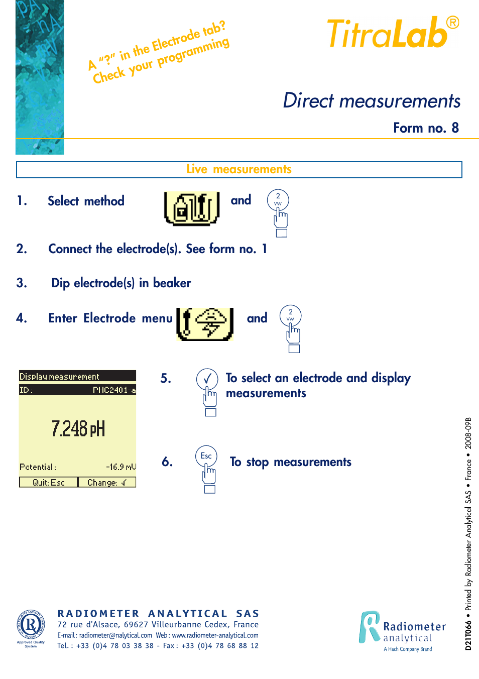 Direct measurements, Form no. 8 | Hach-Lange TITRALAB Short-form Reminders User Manual | Page 17 / 28
