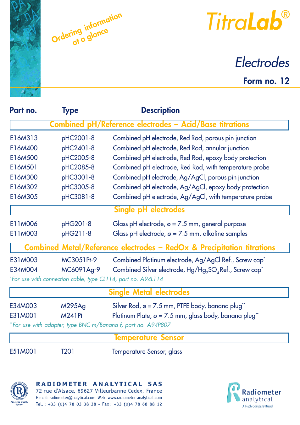 Electrodes, Form no. 12, Single metal electrodes | Temperature sensor | Hach-Lange TITRALAB Short-form Reminders User Manual | Page 25 / 28