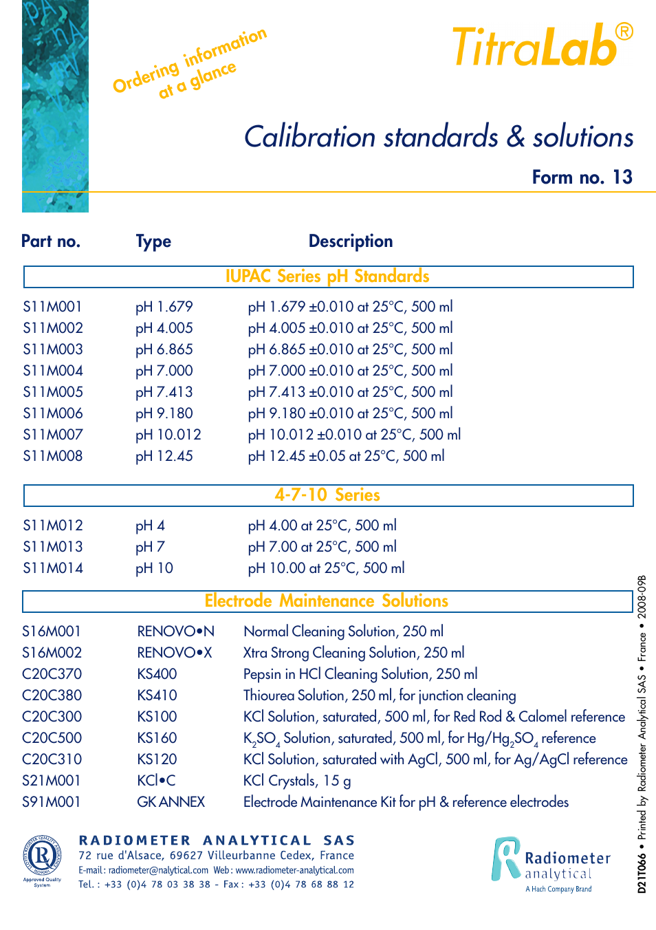 Calibration standards & solutions, Form no. 13, Ordering information at a glance | 7-10 series, Electrode maintenance solutions | Hach-Lange TITRALAB Short-form Reminders User Manual | Page 27 / 28