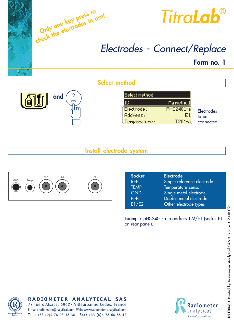 Electrodes - connect/replace, Form no. 1, Select method and | Hach-Lange TITRALAB Short-form Reminders User Manual | Page 3 / 28