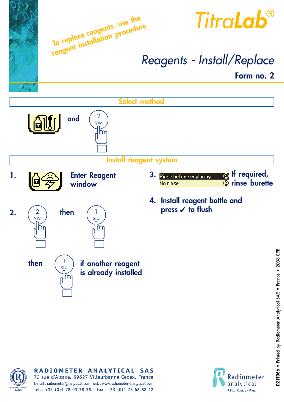 Reagents - install/replace, Form no. 2 | Hach-Lange TITRALAB Short-form Reminders User Manual | Page 5 / 28