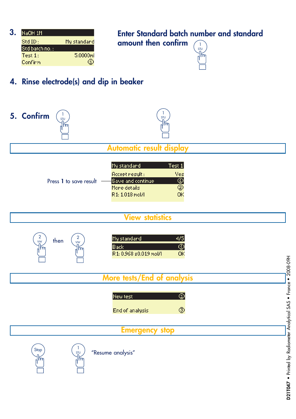 Rinse electrode(s) and dip in beaker 5. confirm, Automatic result display, View statistics | More tests/end of analysis emergency stop | Hach-Lange TITRALAB Short-form Reminders User Manual | Page 12 / 32