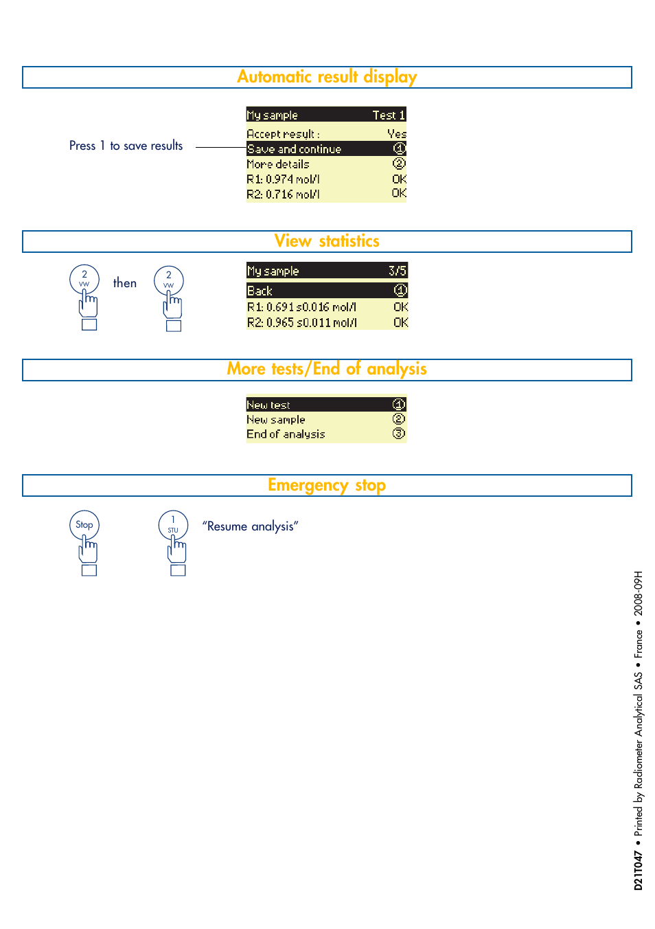 Automatic result display, More tests/end of analysis emergency stop, View statistics | Hach-Lange TITRALAB Short-form Reminders User Manual | Page 14 / 32
