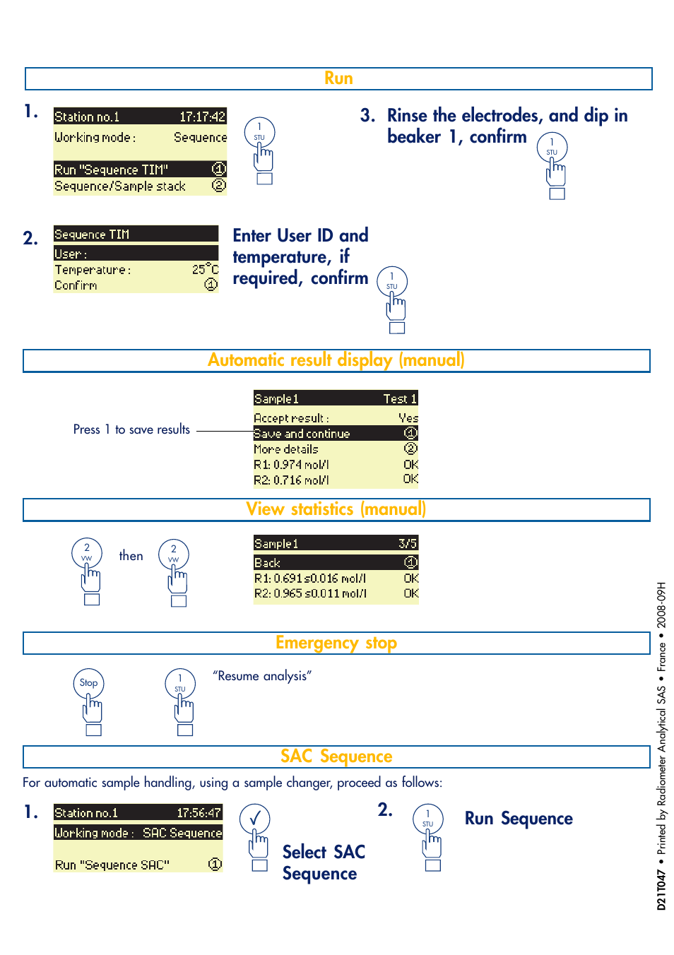 Automatic result display (manual), View statistics (manual), Emergency stop | Sac sequence, 2. select sac sequence run sequence | Hach-Lange TITRALAB Short-form Reminders User Manual | Page 16 / 32