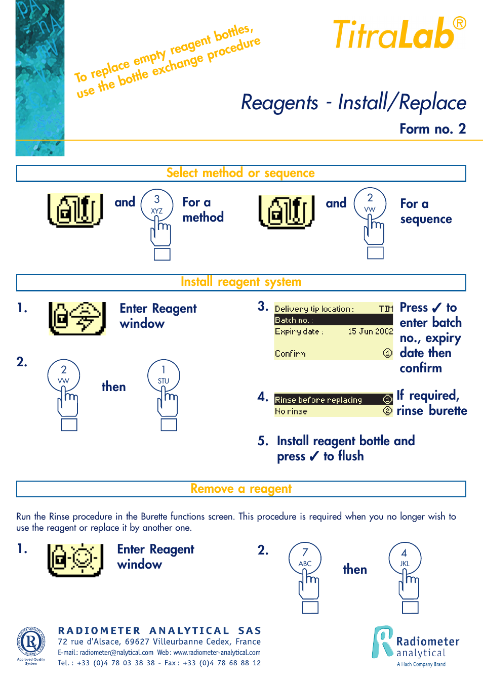 Reagents - install/replace, Form no. 2 | Hach-Lange TITRALAB Short-form Reminders User Manual | Page 5 / 32