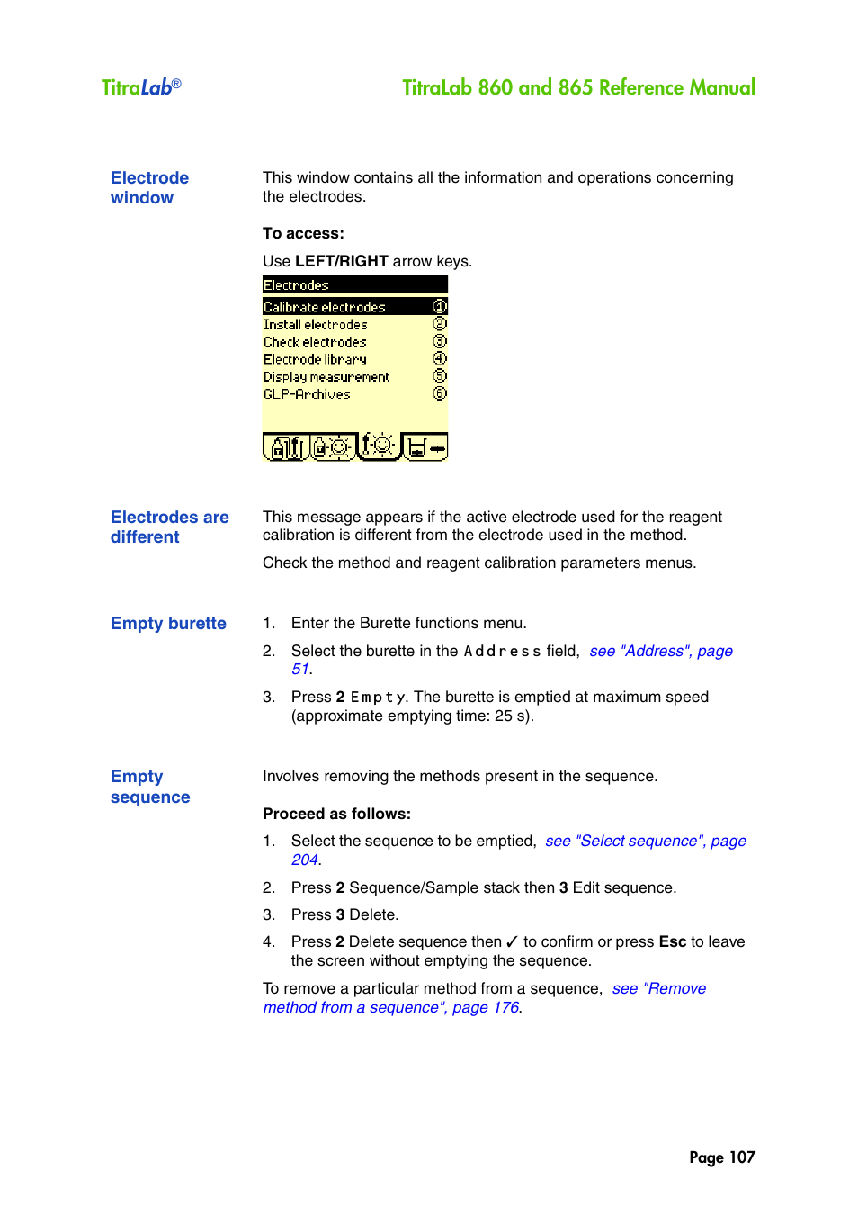 Electrode window, Electrodes are different, Empty burette | Empty sequence, Titra lab | Hach-Lange TITRALAB 860_865 Reference Manual User Manual | Page 107 / 244