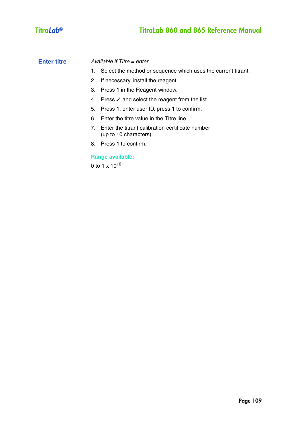 Enter titre, Titra lab | Hach-Lange TITRALAB 860_865 Reference Manual User Manual | Page 109 / 244