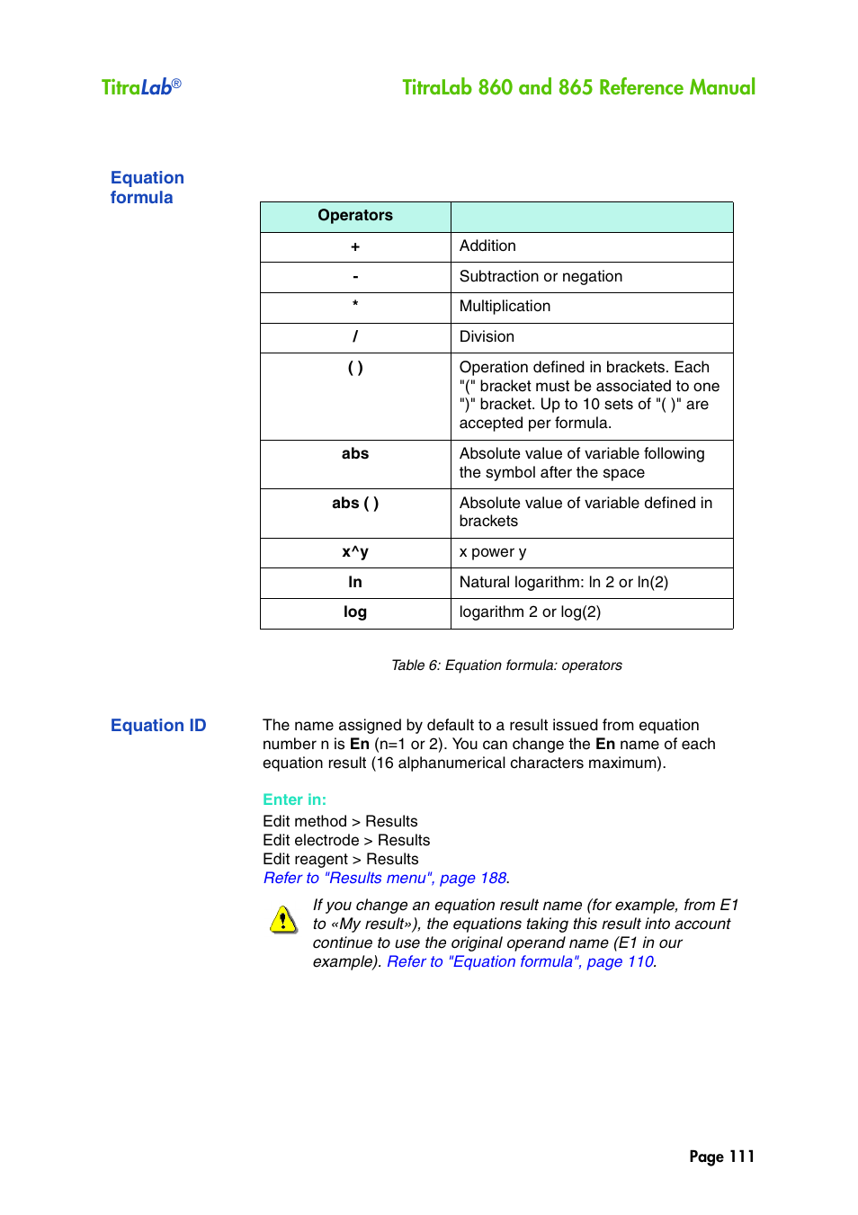 Equation formula, Equation id, Titra lab | Hach-Lange TITRALAB 860_865 Reference Manual User Manual | Page 111 / 244