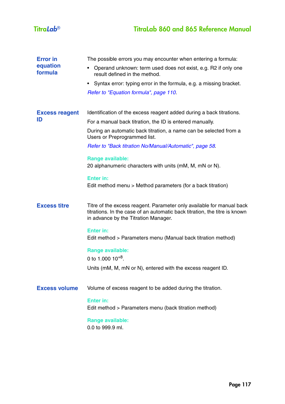 Error in equation formula, Excess reagent id, Excess titre | Excess volume, Titra lab | Hach-Lange TITRALAB 860_865 Reference Manual User Manual | Page 117 / 244