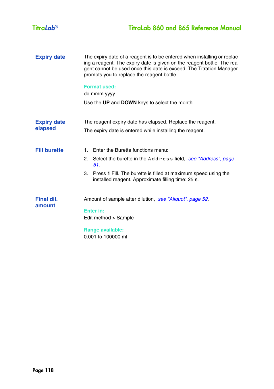 Expiry date, Expiry date elapsed, Fill burette | Final dil. amount, Titra lab | Hach-Lange TITRALAB 860_865 Reference Manual User Manual | Page 118 / 244