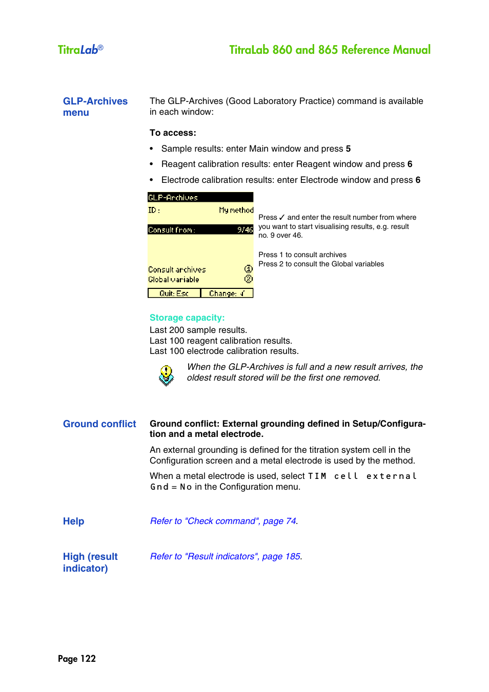 Glp-archives menu, Ground conflict, Help | High (result indicator), See "glp-archives menu, Titra lab | Hach-Lange TITRALAB 860_865 Reference Manual User Manual | Page 122 / 244