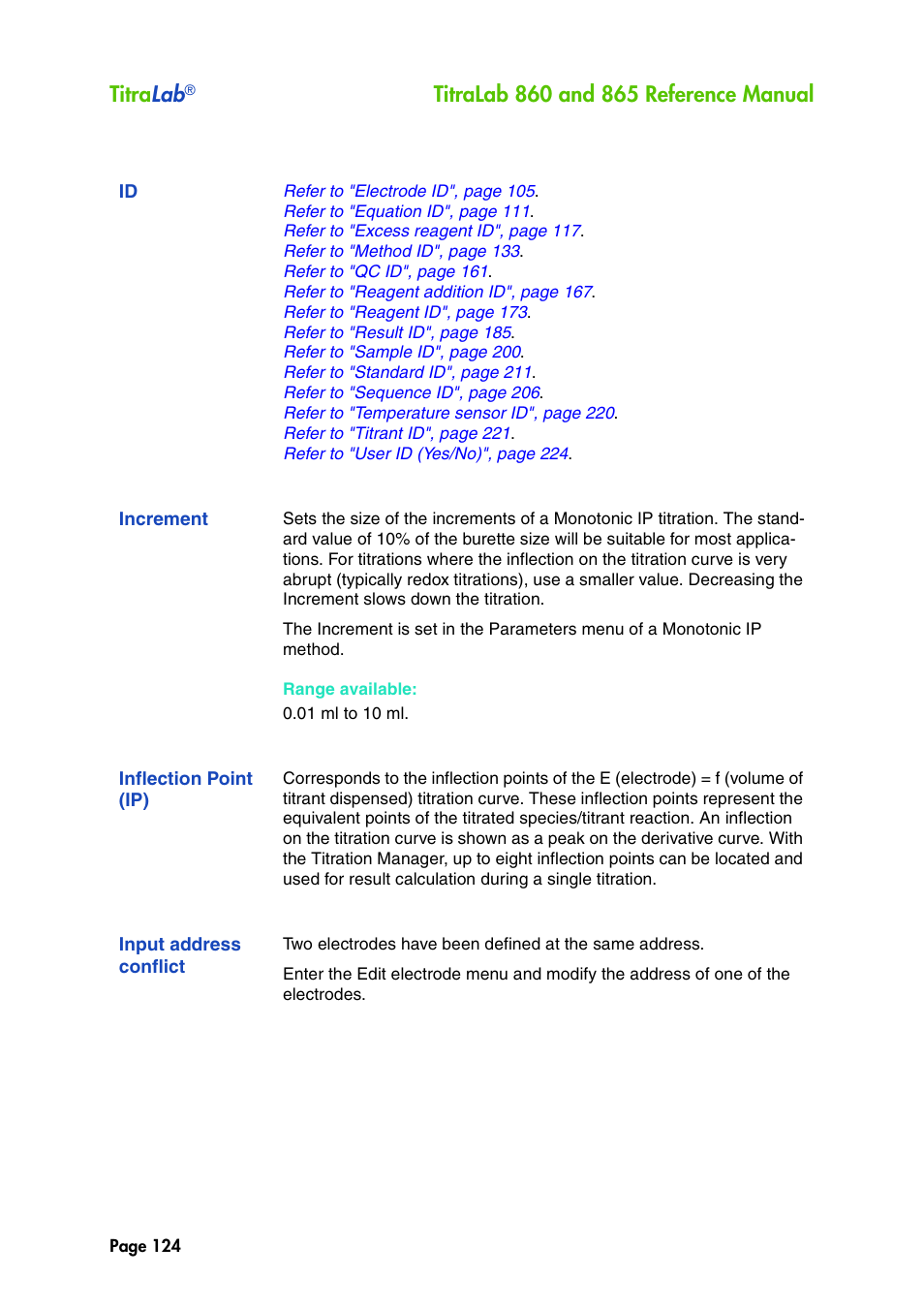 Increment, Inflection point (ip), Input address conflict | Titra lab | Hach-Lange TITRALAB 860_865 Reference Manual User Manual | Page 124 / 244