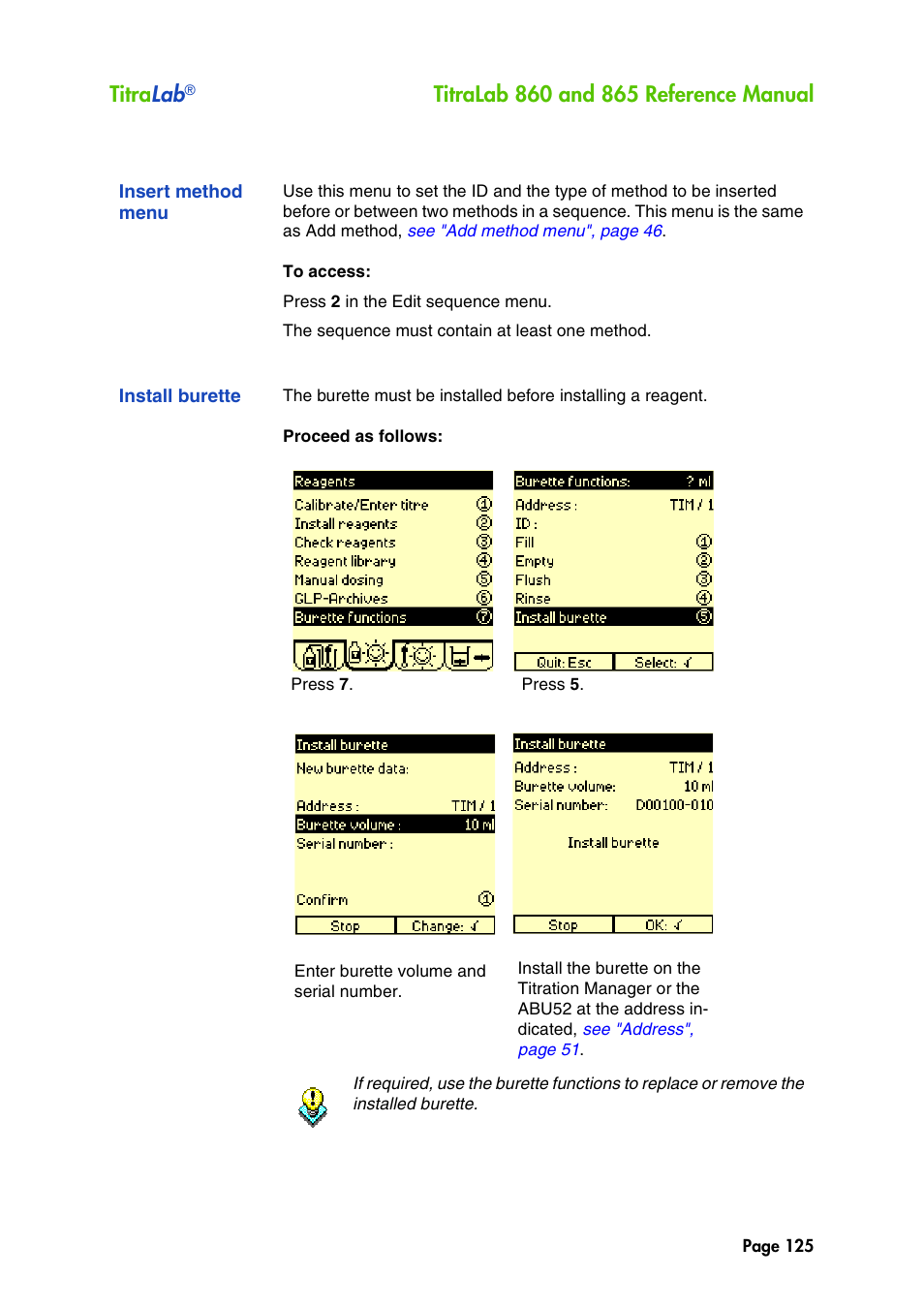 Insert method menu, Install burette, Titra lab | Hach-Lange TITRALAB 860_865 Reference Manual User Manual | Page 125 / 244