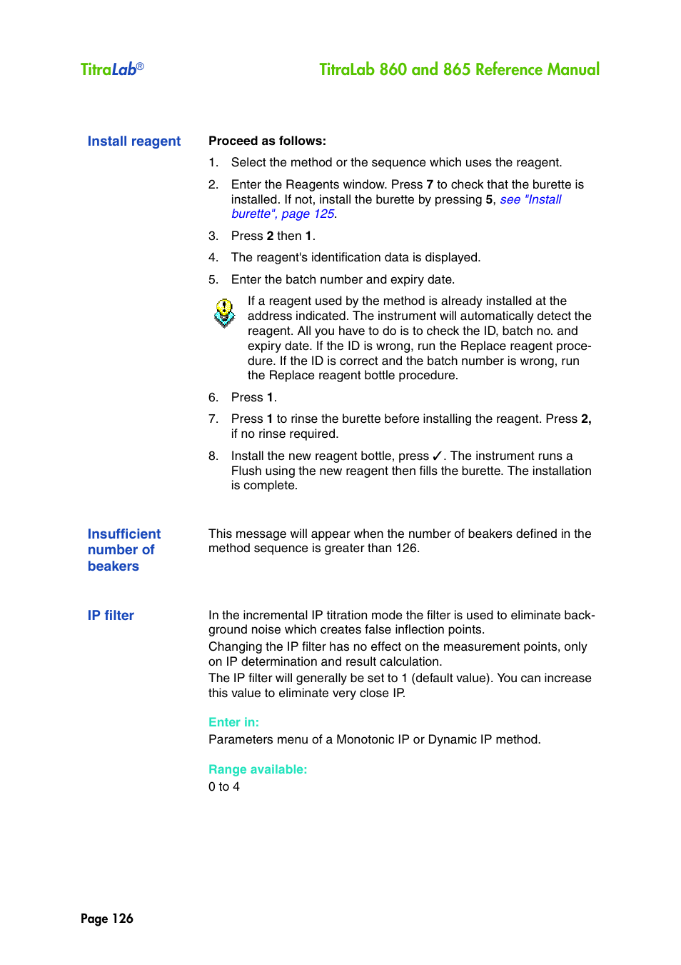 Install reagent, Insufficient number of beakers, Ip filter | Titra lab | Hach-Lange TITRALAB 860_865 Reference Manual User Manual | Page 126 / 244