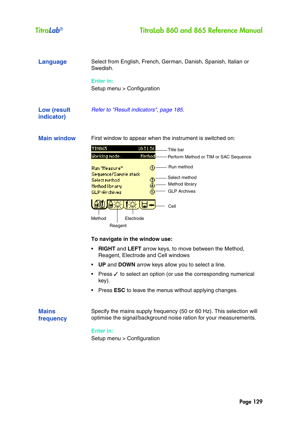 Language, Low (result indicator), Main window | Mains frequency, Titra lab | Hach-Lange TITRALAB 860_865 Reference Manual User Manual | Page 129 / 244