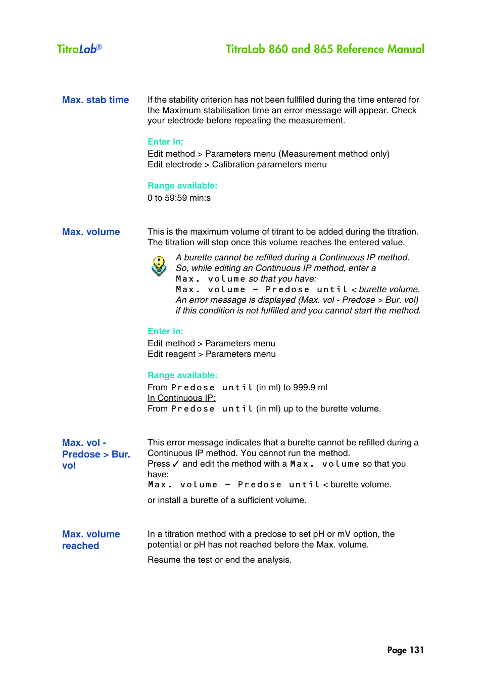 Max. stab time, Max. volume, Max. vol - predose > bur. vol | Max. volume reached, Titra lab | Hach-Lange TITRALAB 860_865 Reference Manual User Manual | Page 131 / 244
