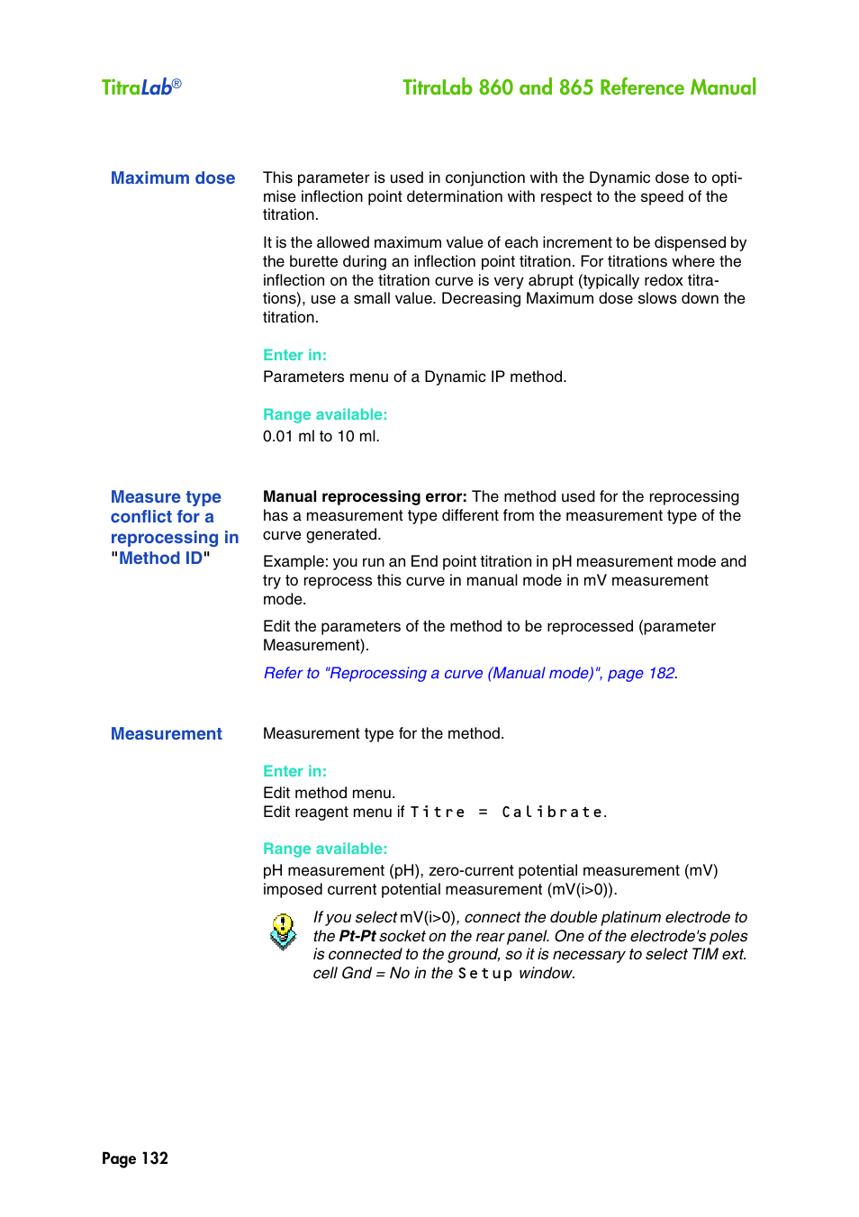Maximum dose, Measurement, Measure type conflict for a reprocessing in | Titra lab | Hach-Lange TITRALAB 860_865 Reference Manual User Manual | Page 132 / 244