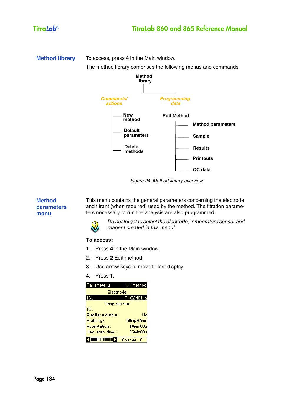 Method library, Method parameters menu, Titra lab | Hach-Lange TITRALAB 860_865 Reference Manual User Manual | Page 134 / 244