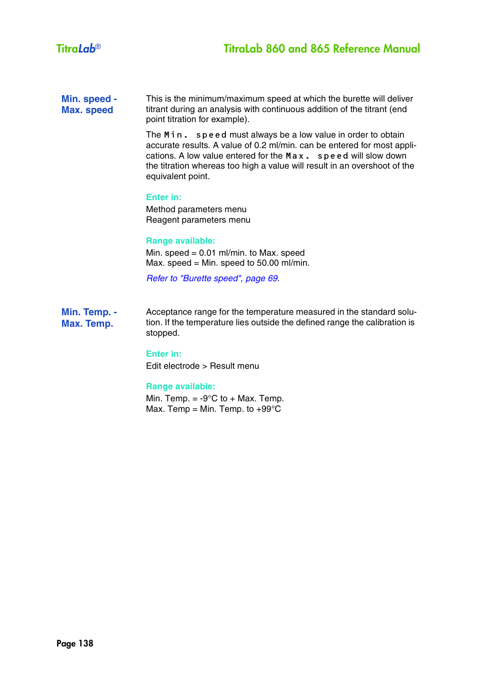 Min. speed - max. speed, Min. temp. - max. temp, Titra lab | Hach-Lange TITRALAB 860_865 Reference Manual User Manual | Page 138 / 244