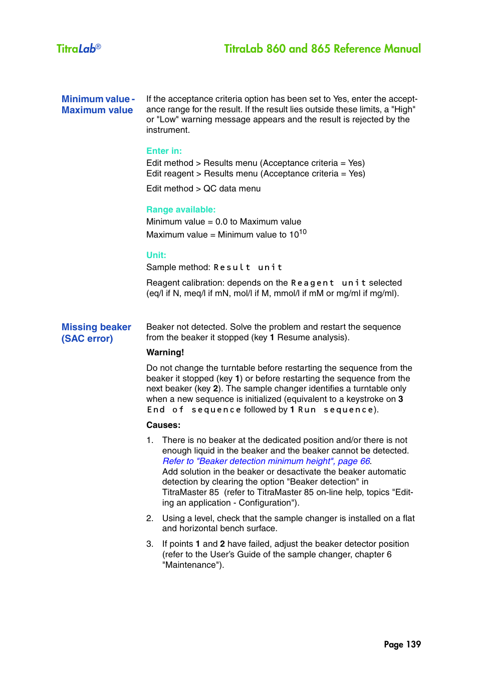 Minimum value - maximum value, Missing beaker (sac error), Titra lab | Hach-Lange TITRALAB 860_865 Reference Manual User Manual | Page 139 / 244