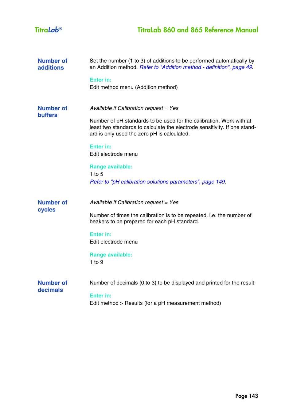 Number of additions, Number of buffers, Number of cycles | Number of decimals, Titra lab | Hach-Lange TITRALAB 860_865 Reference Manual User Manual | Page 143 / 244