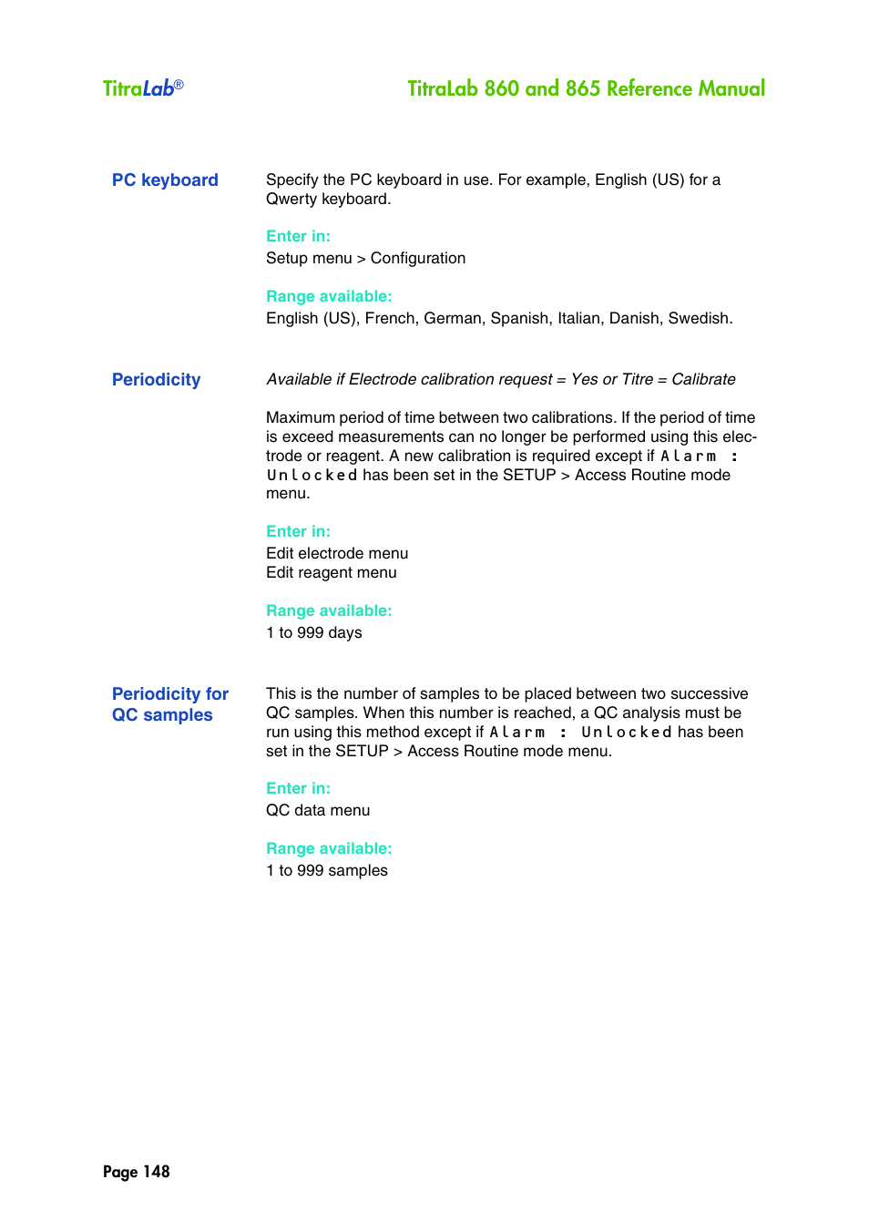 Pc keyboard, Periodicity, Periodicity for qc samples | Titra lab | Hach-Lange TITRALAB 860_865 Reference Manual User Manual | Page 148 / 244