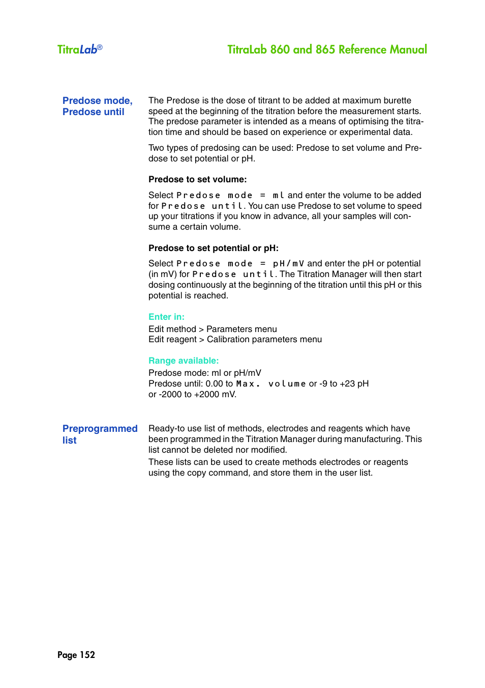 Predose mode, predose until, Preprogrammed list, Titra lab | Hach-Lange TITRALAB 860_865 Reference Manual User Manual | Page 152 / 244