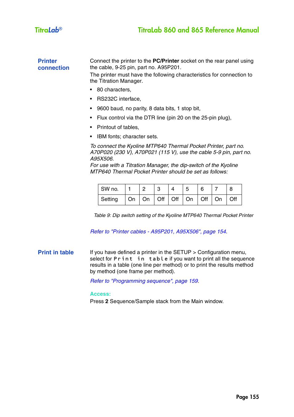 Printer connection, Print in table, Titra lab | Hach-Lange TITRALAB 860_865 Reference Manual User Manual | Page 155 / 244
